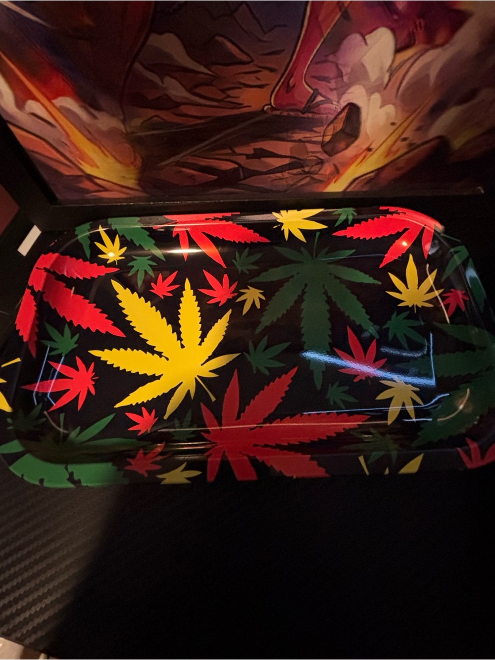 Black Tray with Red, Yellow & Green Leaf Pattern